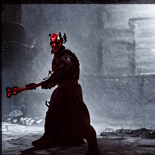 Image similar to darth maul in gears of war, movie still, cinematic lighting, dramatic, octane render, long lens, shallow depth of field, bokeh, anamorphic lens flare, 8 k, hyper detailed, 3 5 mm film grain