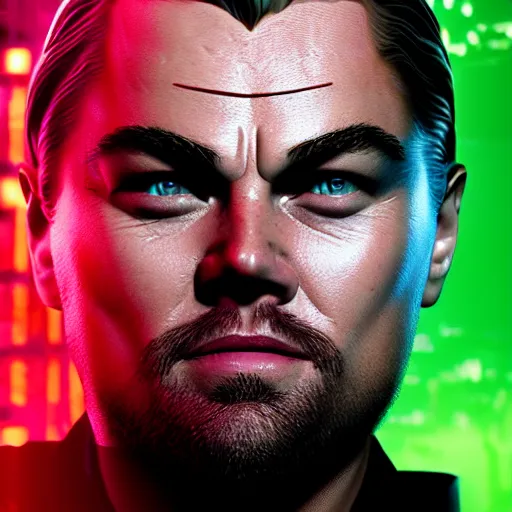 Prompt: leonardo dicaprio portrait, cyberpunk 2 0 7 7, cyberpunk jackie welles, photorealistic, ultra detailed, neon, octane, bokeh, cinematic lighting, cyber, cyberpunk city, studio quality, feature, scars, cyberface, 8 k