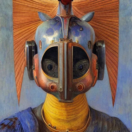 Image similar to the robot in her bird mask, by Annie Swynnerton and Diego Rivera , symbolist, dramatic lighting, elaborate geometric ornament, Art Brut, god rays, soft cool colors,smooth, sharp focus, extremely detailed, Adolf Wölfli and (Donato Giancola)