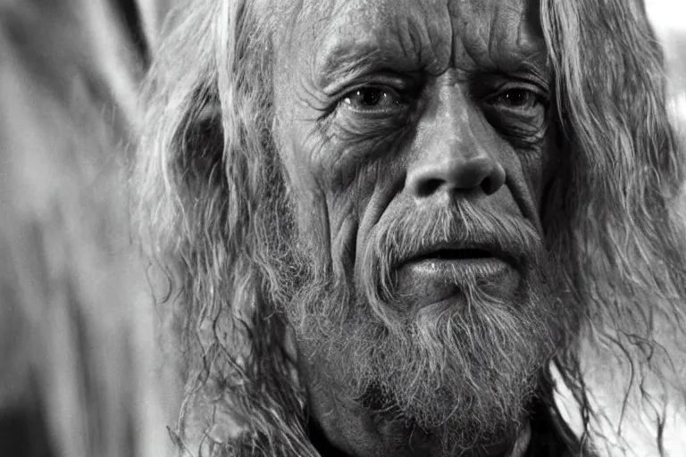 Prompt: lance henriksen as gandalf stood outside orthanc, style of h. r. giger, directed by david fincher, muted tones, detailed lance henriksen facial feature