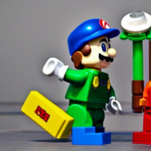 Image similar to a photo of realistic plumber mario with yoshi as lego mini figures