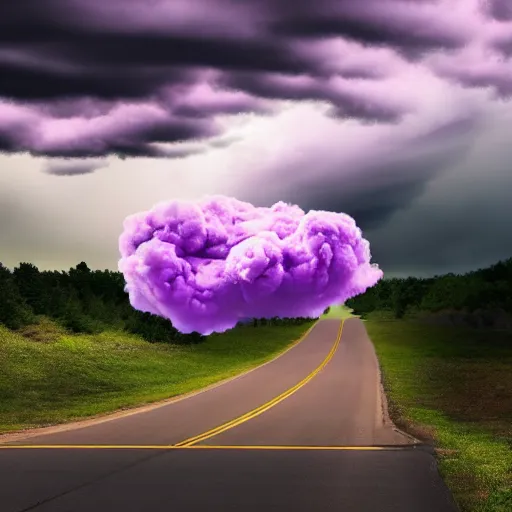 Image similar to purple mushroom cloud, white minivan driving down road, realism, 4k, photograph