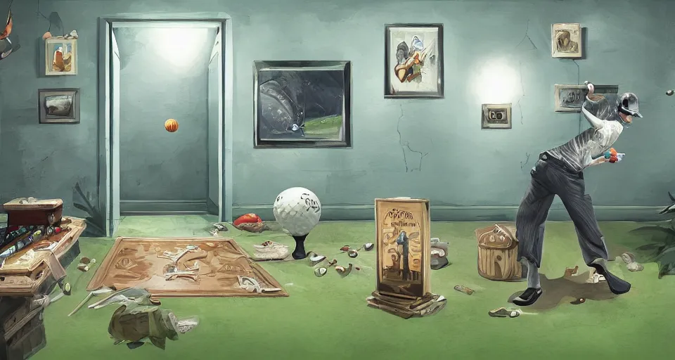 Prompt: A beautiful artwork illustration, a videogame level in a small golf-themed museum escape room with a golf ball who is a detective, featured on artstation, wide angle, horizontal orientation