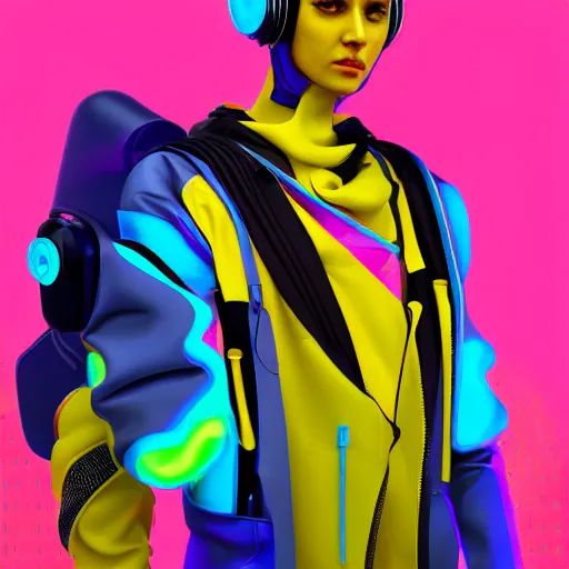 Prompt: futuristic apparel bright colours happy cyberpunk, featured on artstation, 4k, realistic