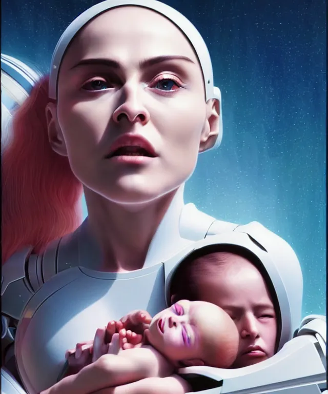 Image similar to realistic detailed photo of futuristic cyborg-madonna holding a newborn baby child in hands by Raphael Santi , artwork by Tooth Wu and wlop and beeple, greg rutkowski. still from a 2021 movie by Terrence Malick, Tarkovsky, Gaspar Noe, James Cameron,