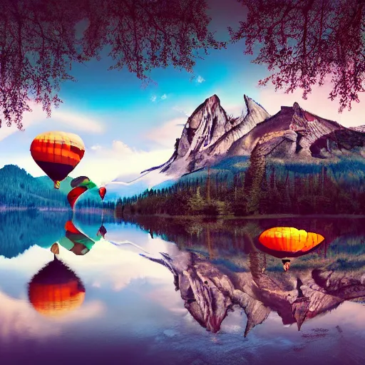 Image similar to photo of two black swans touching heads in a beautiful reflective mountain lake, a colorful hot air balloon is flying above the swans, hot air balloon, intricate, 8k highly professionally detailed, HDR, CGsociety