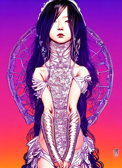 Image similar to highly detailed terada katsuya artgerm artstation shinny fluorescent gradient reflection minaba hideo manga poster of princess mechine, long hair, armor, dress, laces, ruffles, 8 k, maximalist, jump comics, tomer hanuka, alphonse mucha