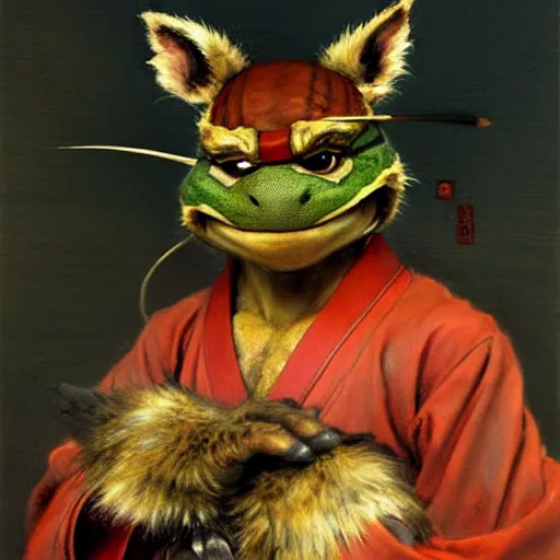 Prompt: a portrait of a furry splinter ninja turtles wearing a red kimono, hairy, furry body, furry arms, feet, tail. highly detailed painting by gaston bussiere, craig mullins, j. c. leyendecker, furry