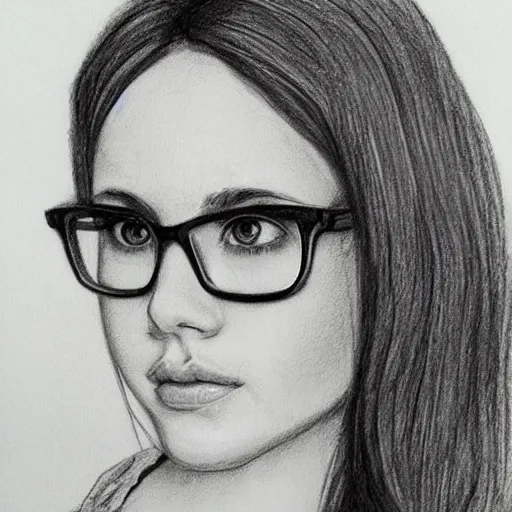 Prompt: pencil sketch!!, portrait of young woman, big!!!!!!!!!!!!, large!!!!!! eyeglasses!!!