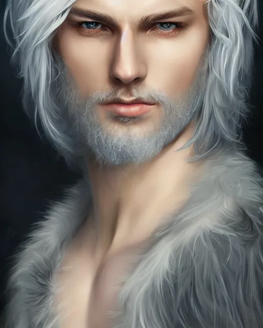Image similar to a beautiful male, 8 k, hyperrealistic, hyperdetailed, white hair, blue eyes, fantasy portrait by laura sava