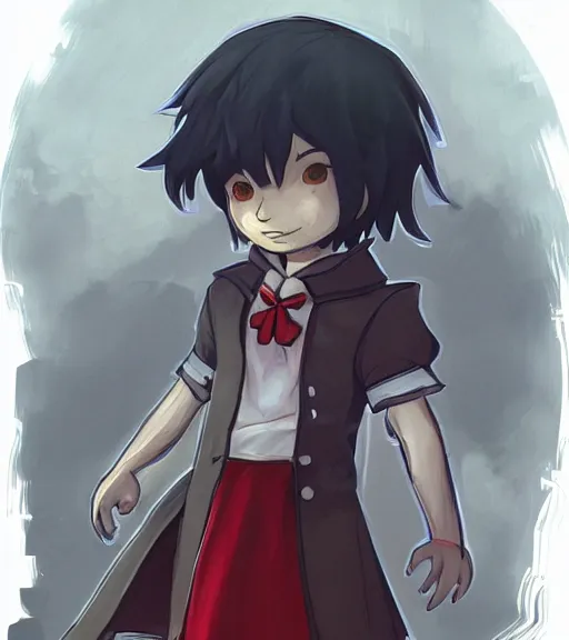 Image similar to attractive little boy character inspired in little red riding hood and kris from deltarune, digital artwork made by akihiko yoshida and makoto shinkai, anatomically correct, symmetrical