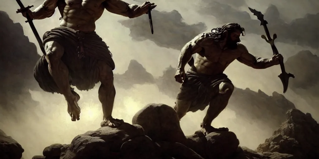 Image similar to realistic painting of biblical Cain armed with a spear fighting Abel, a stone altar with white smoke ascending in the background, masculine and rugged, inspired art by Frazetta + facial symmetry + dramatic volumetric lighting, well lit, 8k octane render, intricate, epic composition, grim yet sparkling atmosphere, cinematic lighting + masterpiece, trending on artstation, very detailed, masterpiece, stunning