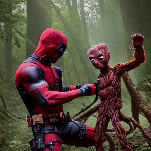 Image similar to deadpool and groot in the woods playing digital art 4 k detailed