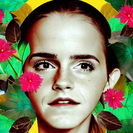 Image similar to emma watson mason plank flower vanish cloud shoulder mountain evening leaf overplayed portrait cliche basement, collage artwork