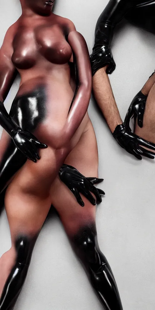 Image similar to human bodies intertwined, skin made of colored latex mixing with black leather, hyperrealistic