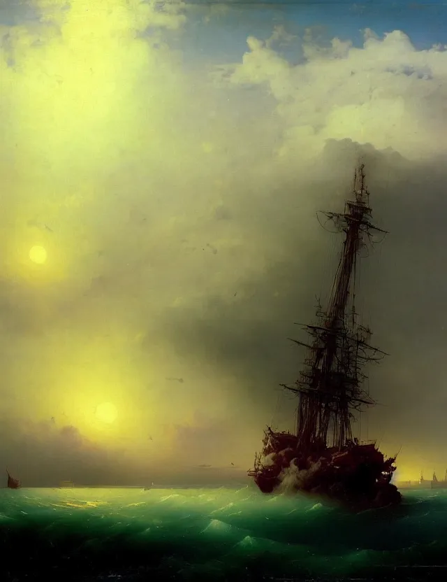 Prompt: post apocalypic city and sea dramatic art station aivazovsky