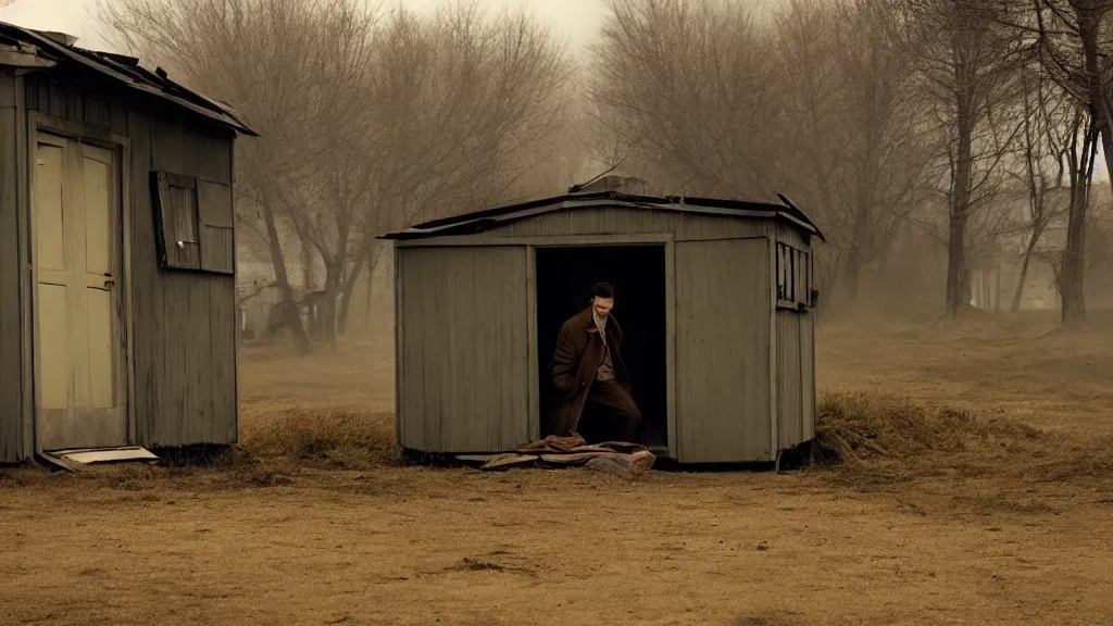 Image similar to a man in a trench coat walks into a shack, it's filled with old technology, film still from the movie directed by Denis Villeneuve, wide lens