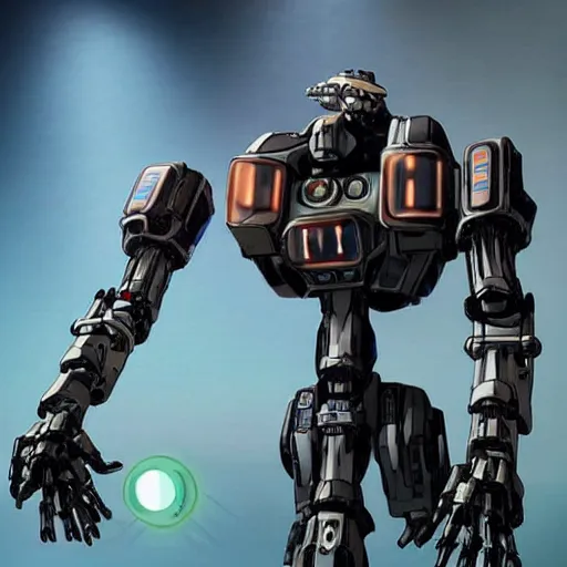 Image similar to a _ full _ body _ shot _ of _ an _ imposing _ cyborg mecha gorrila modeled _ after _ a _ futuristic solar punk technology mecha suit _ with _ glowing _ eyes _ with _ glowing _ eyes _ looking _ into _ the _ camera _ android _ cyborgglowin - h _ 6 4 0