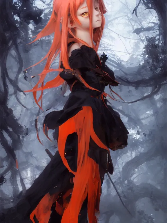 Image similar to Full shot of a cute mischievous young witch about to get up to some trouble. Black and Orange palette. By Ruan Jia and Artgerm and Range Murata and WLOP and CLAMP and Loish. Key Art. Fantasy Illustration. award winning, Artstation, intricate details, realistic, Hyperdetailed, 8k resolution.