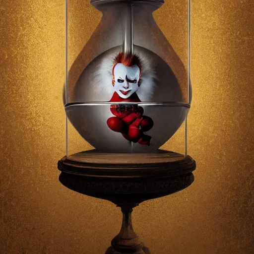 Prompt: michal karcz surrealism painting of pennywise trapped in an hourglass. , horror theme, detailed, elegant, intricate, 4k, Renaissance painting