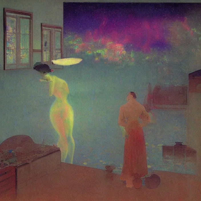 Image similar to interior of a house flooded. aurora borealis. iridescent, psychedelic colors. painting by balthus, agnes pelton, utamaro, monet