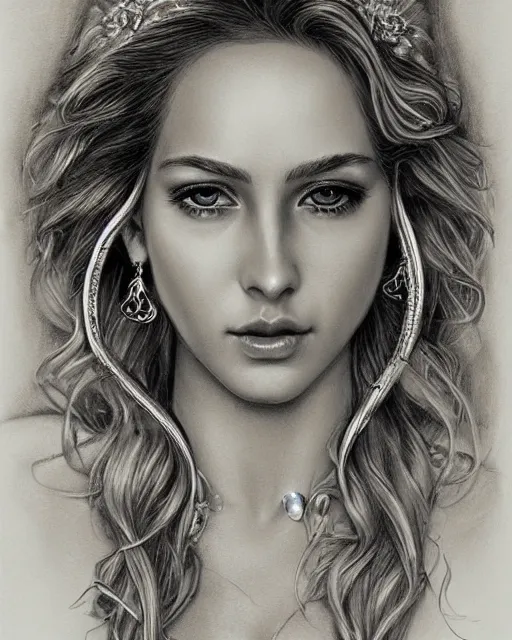 Image similar to pencil drawing of a beautiful greek goddess aphrodite with arrowhead earrings, beautiful piercing eyes, beautiful blonde hair, hyper realistic face, in the style of greg rutkowski, fantasy, amazing detail, epic, elegant, smooth, sharp focus, from the front