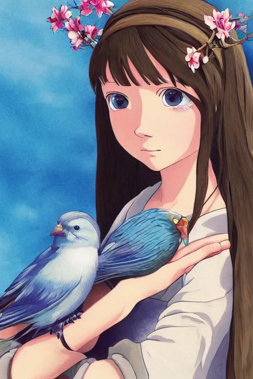 Prompt: young pretty girl holding a bird in her hands, looking touched, Fragile looking character portrait , beautiful scene; highly detailed art, by Studio Ghibli , High contrast, anime art