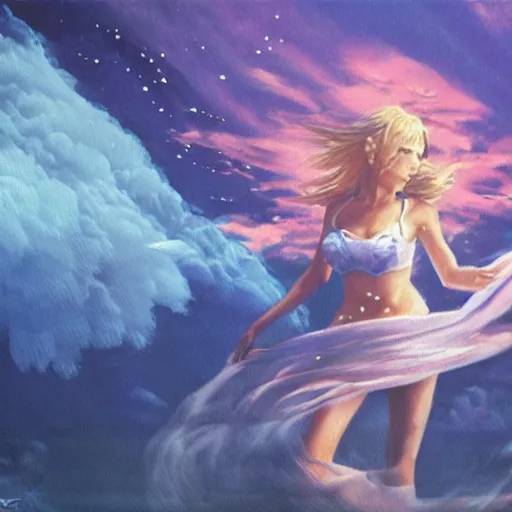 Prompt: girl drifting away, pixel by pixel floating away into the air. painting by the official Final Fantasy promo artist from 1993.