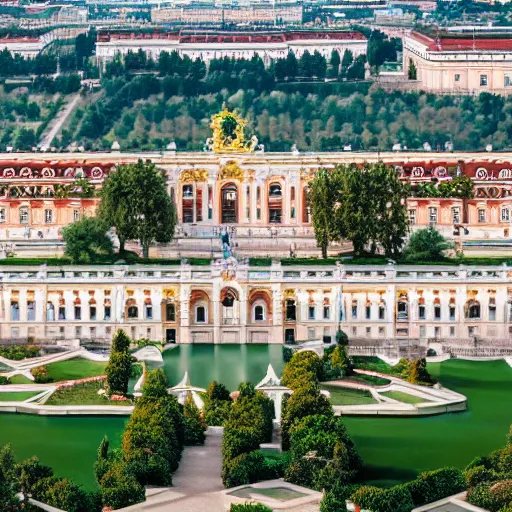 Prompt: the palace of schoenbrunn in vienna, realistic photography, drone shot