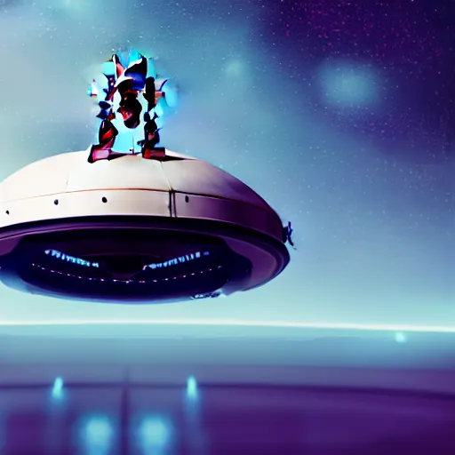 Image similar to a flying saucer robot in space with people standing on walkways around its top, octane render, featured on artstation