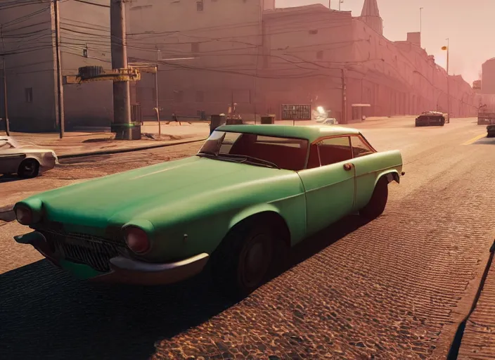 Image similar to hyperrealistic matte painting of gta action game in soviet moscow, 1 9 6 0, playstation 5 screenshot, mega details, golden hour, beautiful rtx reflections, soviet suburbs, photorealistic, unreal engine 5, octane render, volumetric light, featured on cg society, 4 k, 5 0 mm bokeh, russian lada car, artstation