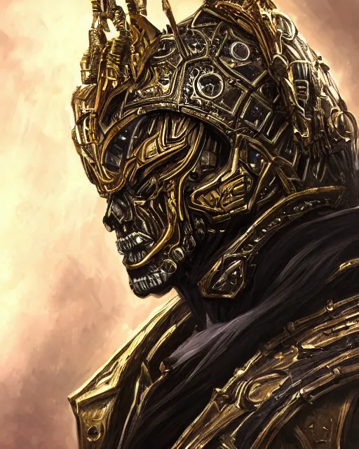 Prompt: a highly detailed portrait of ankou the evil lord staring with anger and wearing ornate armor made of sci fi panels and a gold death mask, death and corruption, smooth, intricate, sinister, evil energy, souls of the dead, dark aura, matte painting, artstation, evild ark color scheme, dark fantasy sci fi, sharp focus, cgsociety