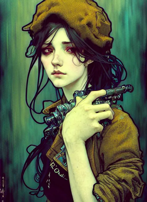 Prompt: highly detailed portrait of a moody sewerpunk young adult lady with a harris tweed holdy by krenz cushart, by artem demura, by alphonse mucha, by kaethe butcher, gradient yellow, black, brown and cyan color scheme, grunge aesthetic!!! ( ( graffiti tag city background ) )