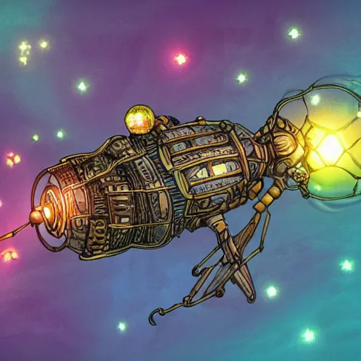 Image similar to steampunk firefly carrying prismatic orbs on it's back