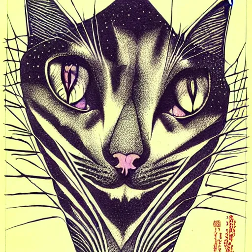 Prompt: cat as a fractal distortion, lithograph, watercolors, ink, M.C. Escher, moebius