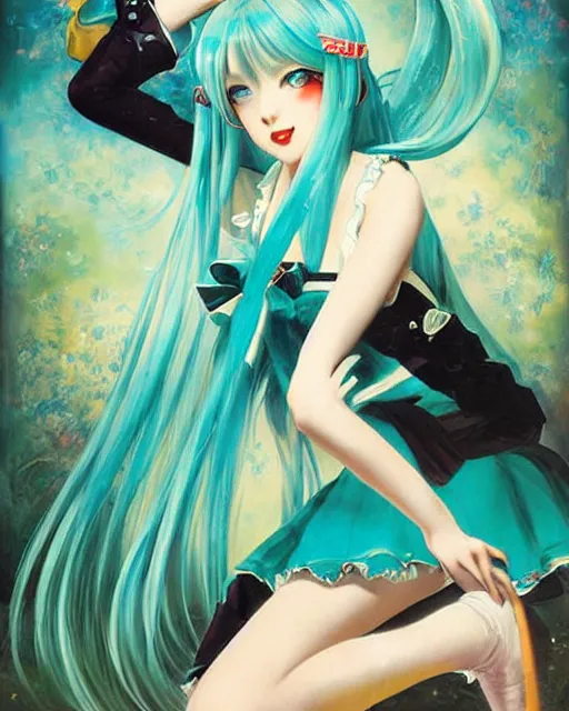 Image similar to A very very beautiful painting of Hatsune Miku by Gil Elvgren