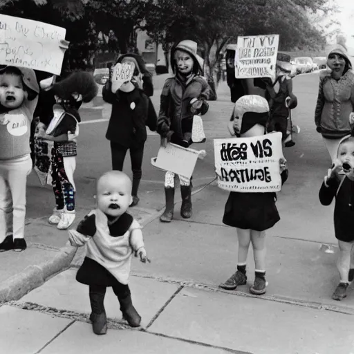 Image similar to babies protesting in front of a daycare center