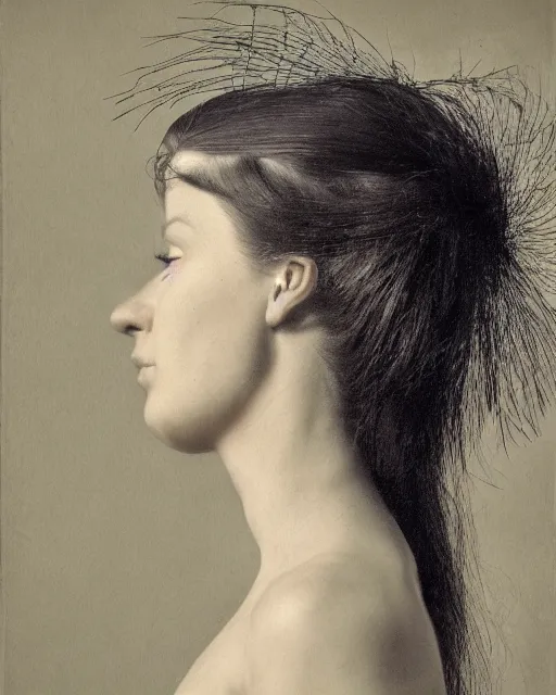 Image similar to a woman's face in profile, long hair made of bird feathers, in the style of the dutch masters and gregory crewdson, dark and moody
