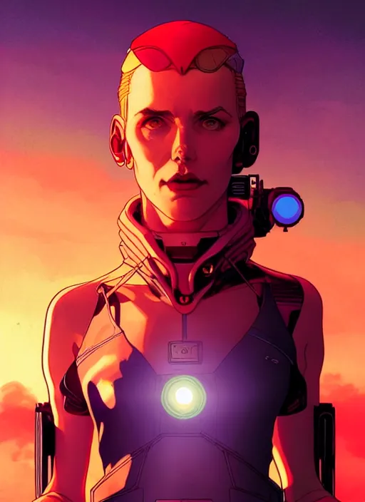 Prompt: Rafeal Albuquerque comic art, Joshua Middleton comic art, cinematics lighting, sunset colors, pretty female cyberpunk space pirate, big smirk, symmetrical face, symmetrical eyes,full body, in a field, sunset