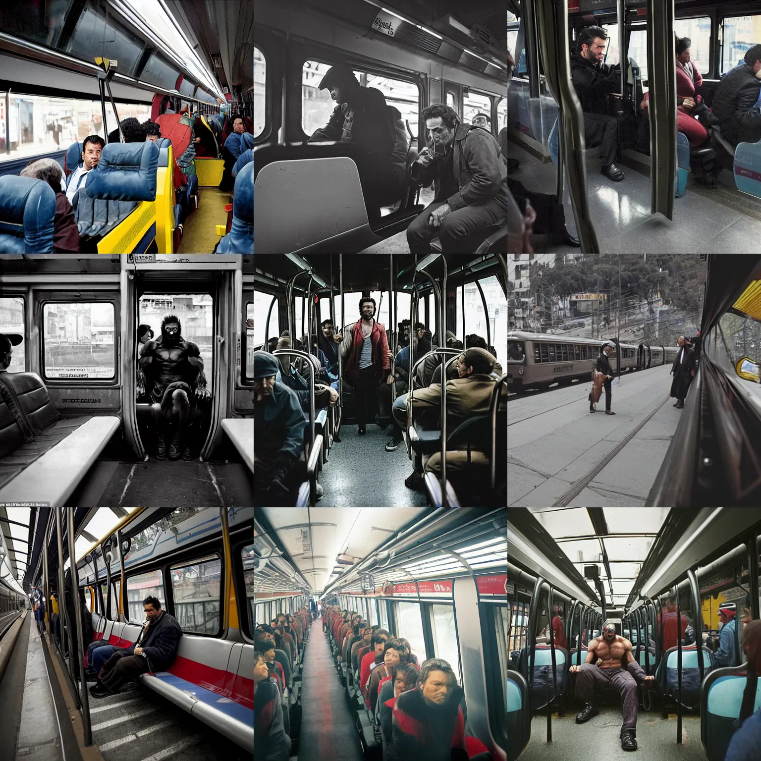 Prompt: award winner photograph of wolverine as a passenger inside a transmilenio in bogota colombia by gregory crewdson