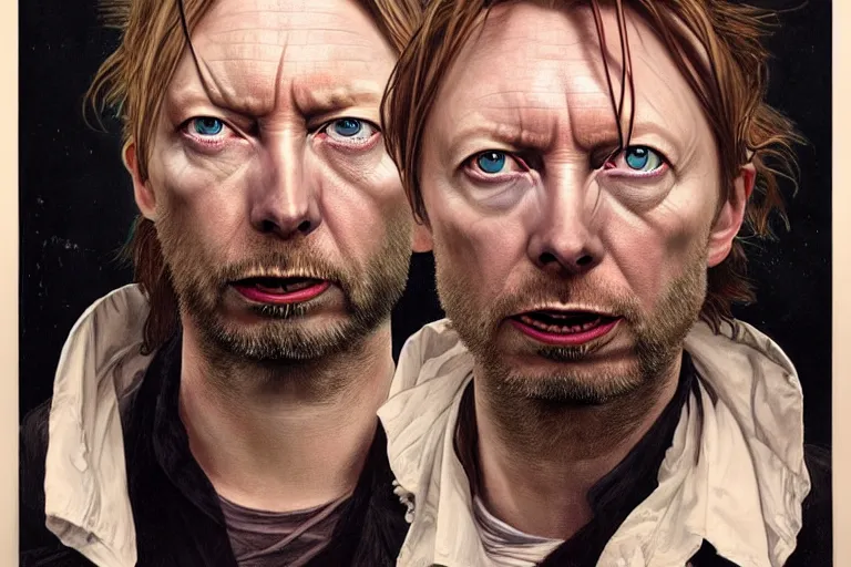 Image similar to hyper realistic portrait of wider faced thom yorke mixed with david bowie, bigger forehead, bigger chin, on a stage, by lee bermejo, alphonse mucha and greg rutkowski