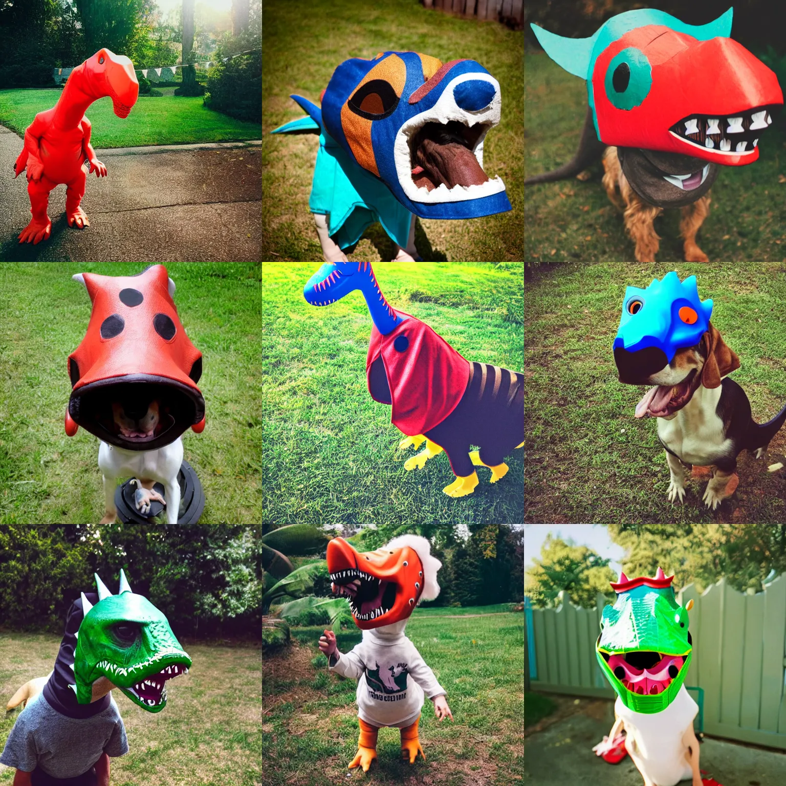 Prompt: a small hound dog wearing a funny oversized dinosaur mask on it ’ s head, disposable camera photograph, casual, backyard, midday, sunny, funny photo, full body shot, sharp, detailed, 4 k, modern