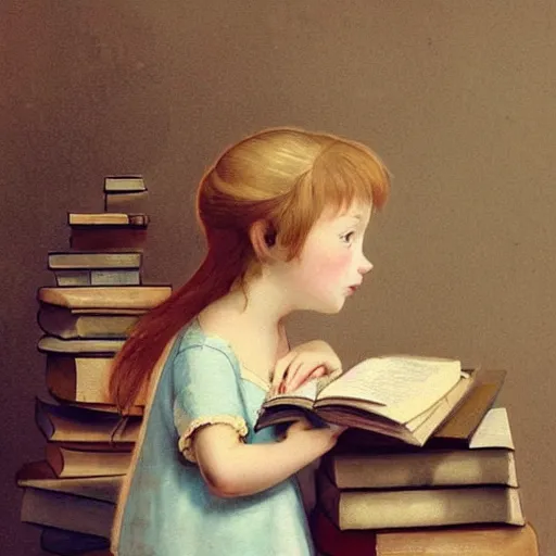 Image similar to a cute little girl with a round cherubic face, blue eyes, and short wavy light brown hair sitting on top of a stack of books. beautiful cartoon painting with flat colors and highly detailed face by quentin blake and greg rutkowski