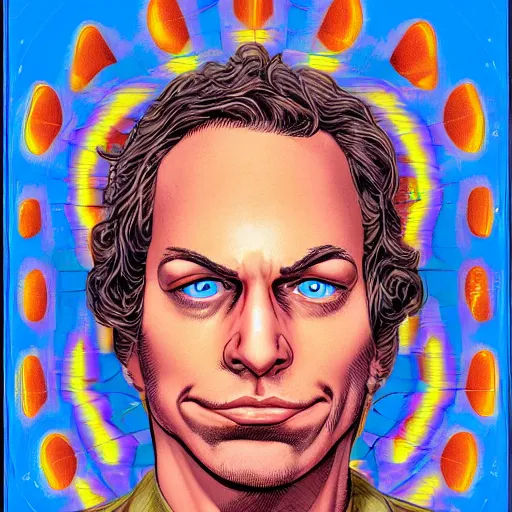 Image similar to a face on portrait of a young disillusioned engineer, by glenn fabry and jason edminston, psychedelic colors
