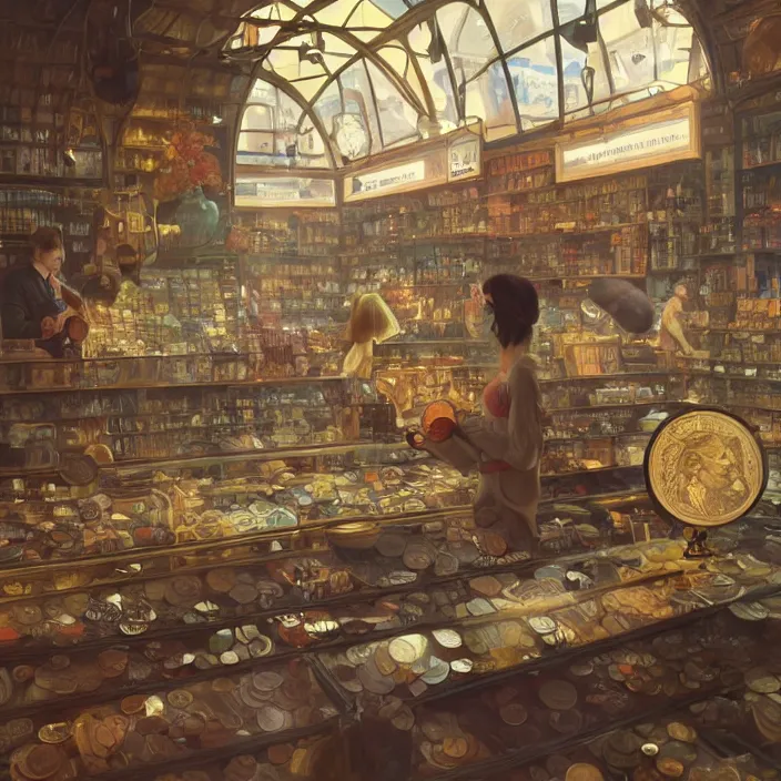 Image similar to modern coin shop with a lot of coins, 4 k, octane, digital painting, artstation, concept art, sharp focus, illustration, art by artgerm and greg rutkowski and alphonse mucha