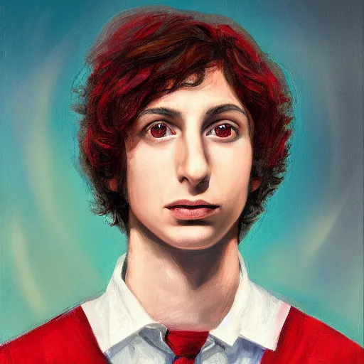 Image similar to a portrait of finn wolfhard as a drone, red, oil painting, pale colors, high detail, 8 k, wide angle, trending on artstation,