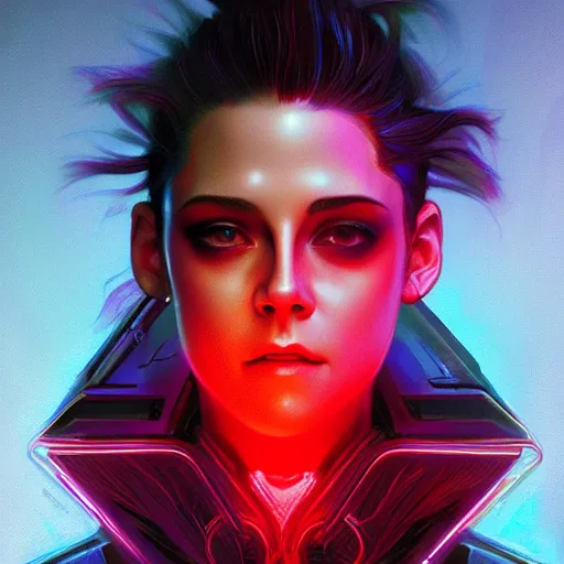 Prompt: Portrait of a cyberpunk Kristen Stewart, digital art from artstation by Ikeuchi and artgerm and james jean and greg rutkowski and alphonse mucha, red LED lights, extremely beautiful and proportionate face, sharp focus, hyper detailled
