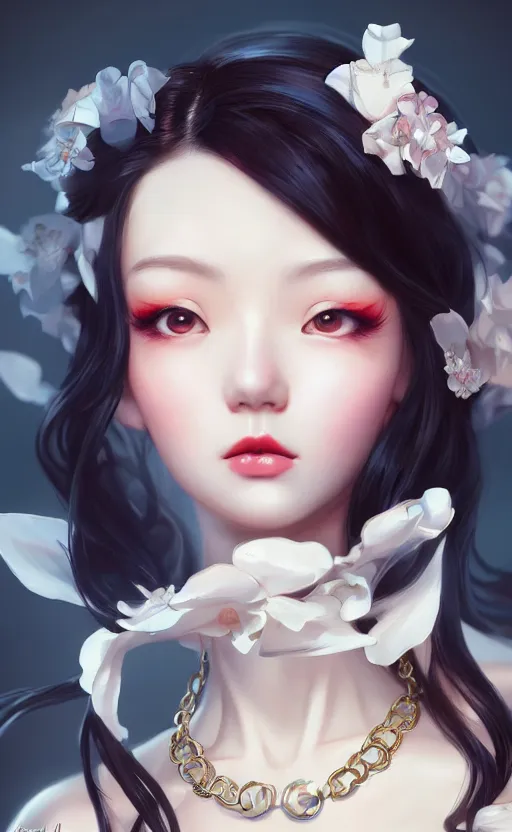 Image similar to a pin up and beautiful fashion charming dreamlke korea girl with lv jewelry, character art, art by artgerm lau and kyoung hwan kim and and ilya kuvshinov and john singer sargent, hyperdetailed, 8 k realistic, symmetrical, frostbite 3 engine, cryengine, dof, trending on artstation, digital art