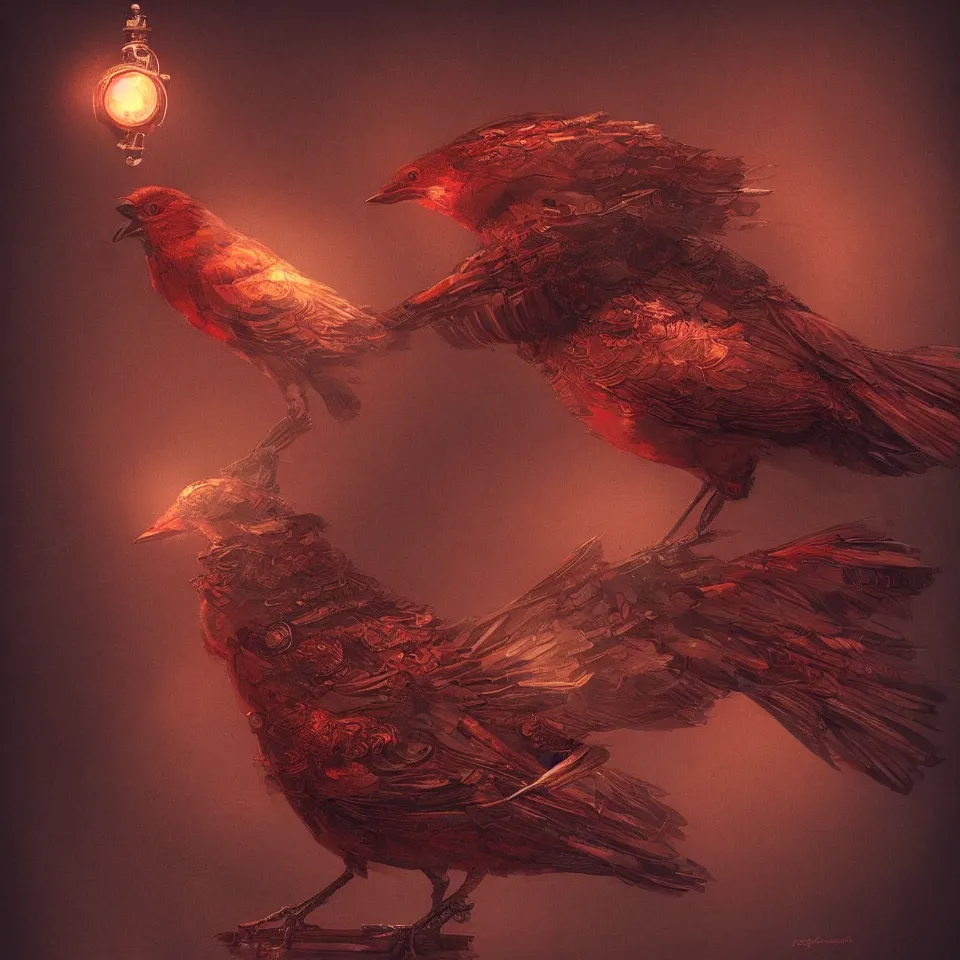 Prompt: a detailed concept art of a steampunk bird by miguel nogueira, gradient dark red, dynamic lighting, cinematic, epic composition, masterpiece