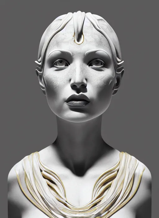 Image similar to a statue made of a gorgeous devil woman, made of white marble with gold veins, full body shot, perfect symmetrical body, perfect symmetrical face, black eyes, hyper realistic, hyper detailed, fujicolor superia photo, by johannen voss, by peter kemp, by monia merlo, by michelangelo, octane render, blender, 8 k